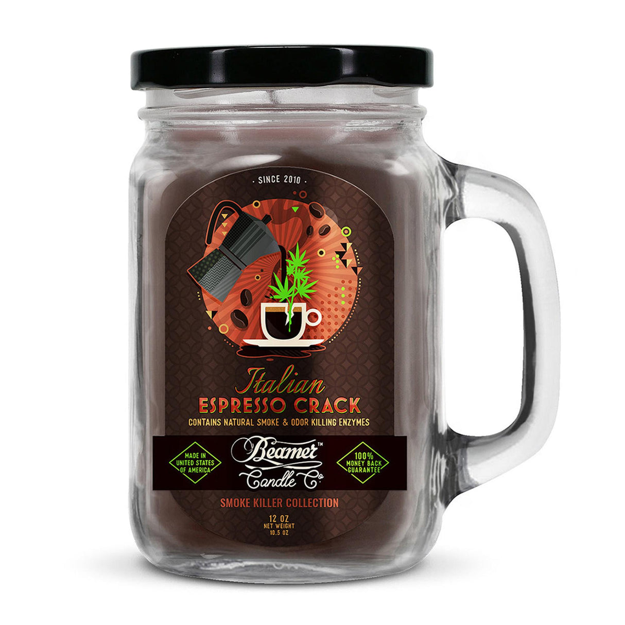 Glass jar labeled Scented Candle - Italian Espresso Crack, features a lid. Part of the Beamer Smoke Killer Collection with odor-neutralizing enzymes and 90-hour burn time.