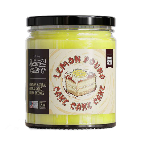 Scented Candle - Lemon Pound Cake in a mason jar with a lid, featuring odor-neutralizing enzymes and a 55-hour burn time.