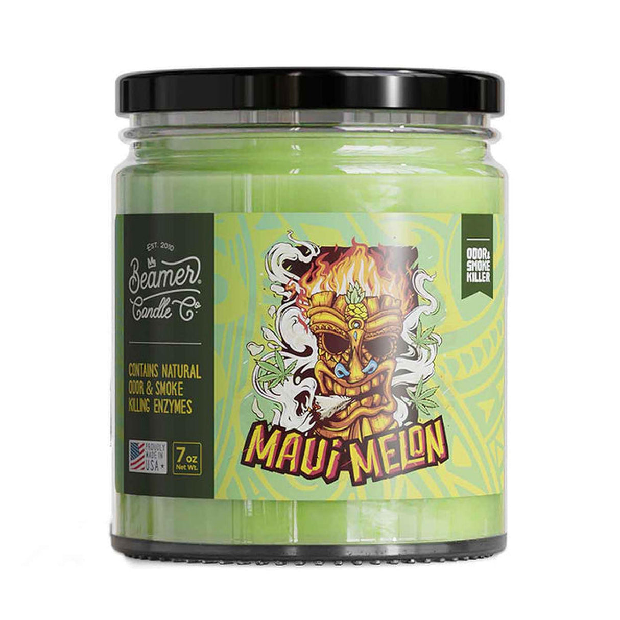 Scented Candle - Maui Melon, 4oz jar with black lid, features odor-neutralizing enzymes, soy blend wax, 55-hour burn time, ideal for smoke elimination.