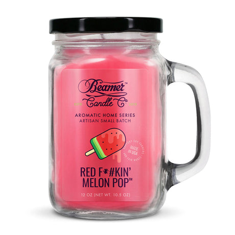 Glass jar with Beamer's Scented Candle - Red F*#kin' Melon Pop, featuring a pink candle for 90-hour smoke odor elimination.