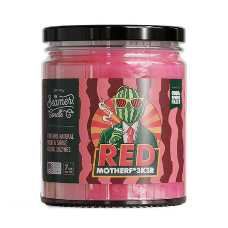 Scented Candle - Red Mother F*#k3r in a jar, designed to neutralize smoke and odors, with a 55-hour burn time and soy blend wax.