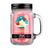 Scented Candle - Strawdazzlez N Cream in a glass jar with pink liquid, featuring odor-eliminating enzymes, 90-hour burn time, soy blend wax, lead-free wick.