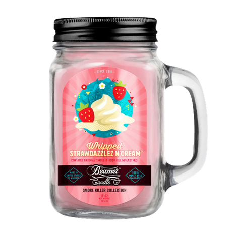 Scented Candle - Strawdazzlez N Cream in a glass jar with pink liquid, featuring odor-eliminating enzymes, 90-hour burn time, soy blend wax, lead-free wick.