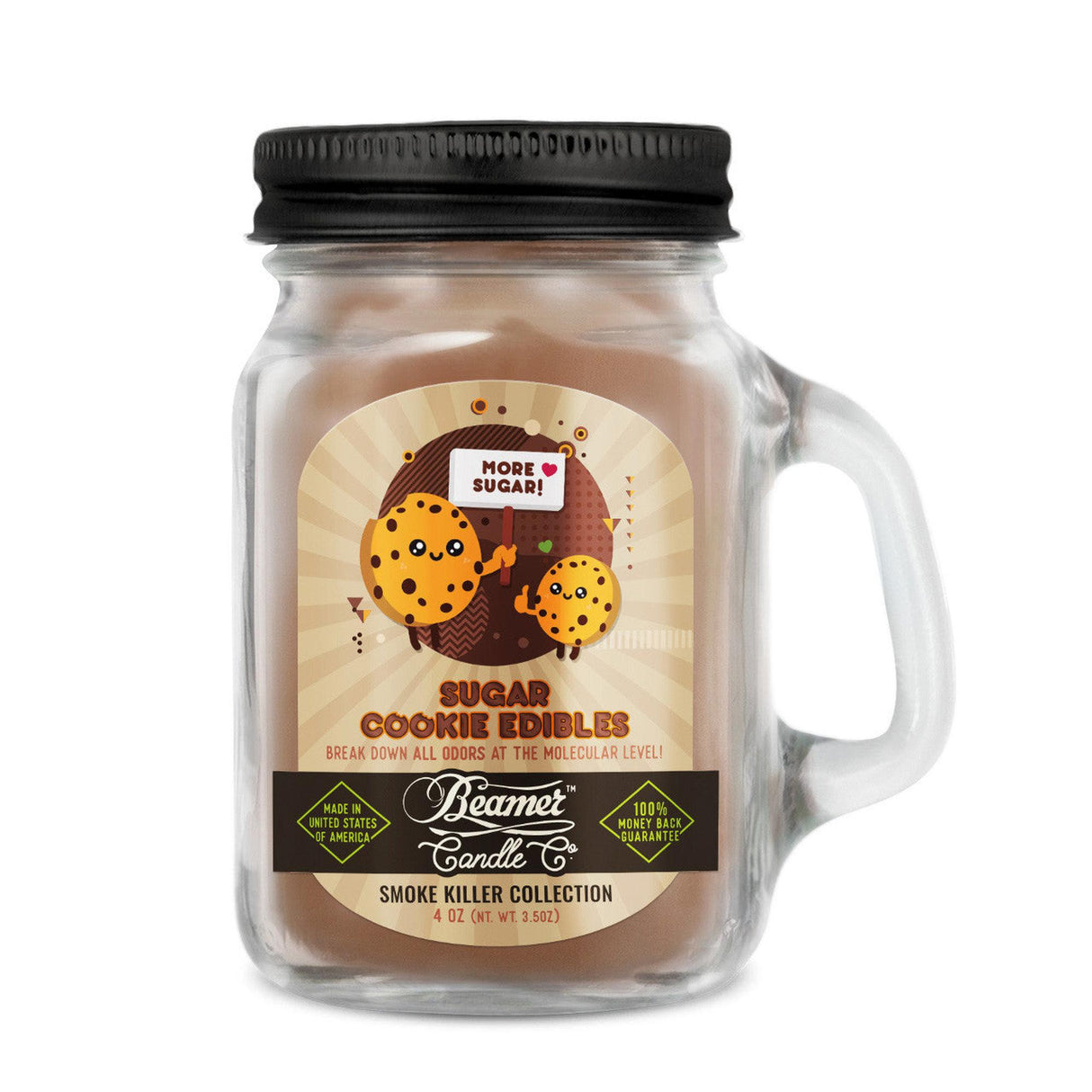 Scented Candle - Sugar Cookie Edibles in a mason jar, featuring a lid, designed to eliminate odors with a 22-hour burn time.