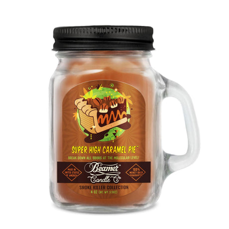 Scented Candle - Super High Caramel Pie in a glass jar with a black lid, designed to eliminate smoke odors with a 22-hour burn time.