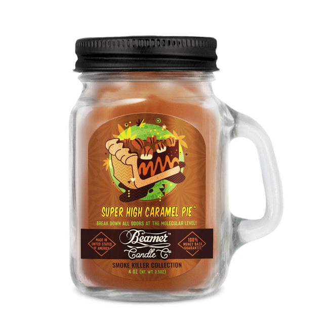 Scented Candle - Super High Caramel Pie in a glass jar with a black lid, designed to eliminate smoke odors with a 22-hour burn time.