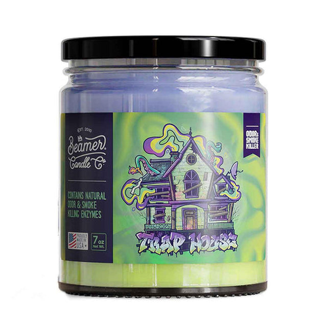 Scented Candle - Trap House (55 Hour Burn Time) in a mason jar with a lid, featuring odor-neutralizing enzymes and premium soy blend wax.
