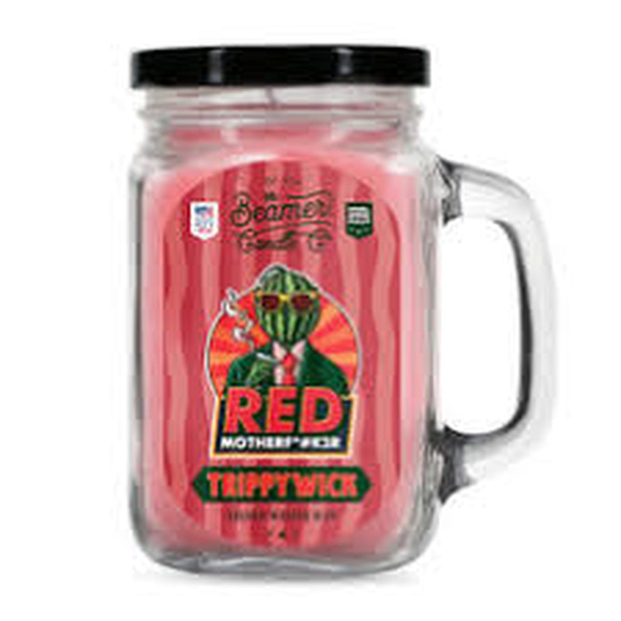 Glass mason-jar mug filled with red sour candies, labeled RED MOTHER PUCKER by Trippy Wick, highlighting the Scented Candle - Trippy Wick Red Mother F*#k3r.
