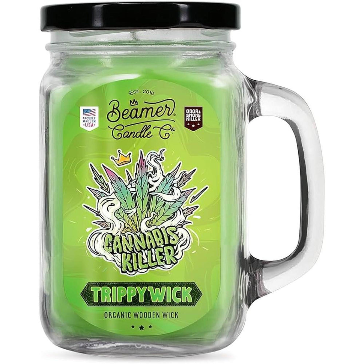 Scented Candle - TrippyWick Cannabis Killer in a glass jar, featuring odor-neutralizing enzymes and a 90-hour burn time, ideal for eliminating smoke and odors.
