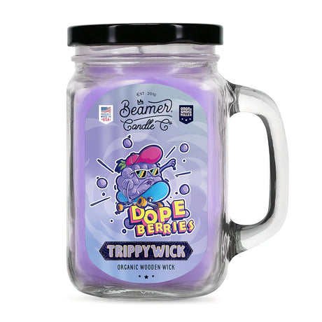 Scented Candle - TrippyWick Dopeberries in a glass jar, featuring a purple candle designed to neutralize odors with a 90-hour burn time.