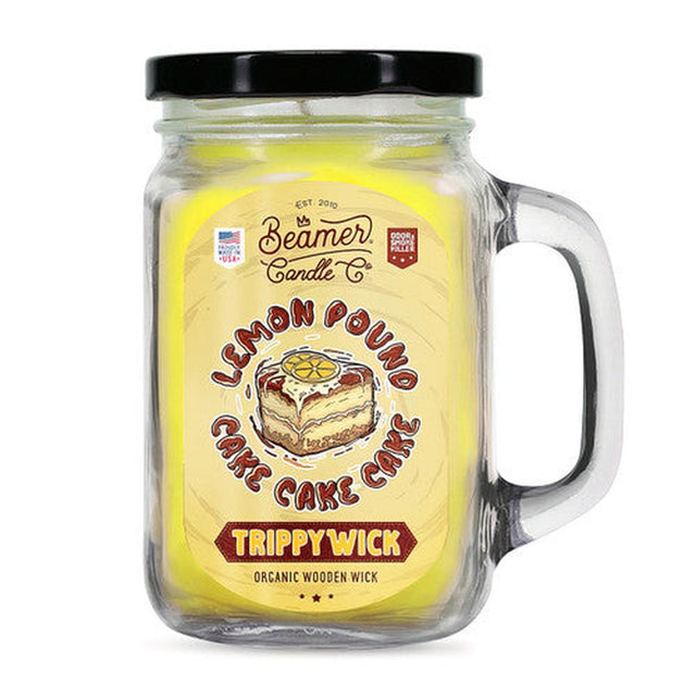 Scented Candle - TrippyWick Lemon Cake in a mason jar, featuring a yellow candle designed to eliminate smoke and odors with a 90-hour burn time.