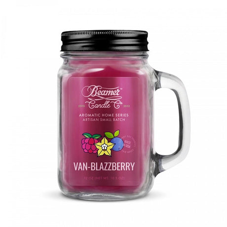 Scented Candle - Van Blazzberry in a glass mason jar, featuring a pink wax for 90-hour burn with odor-neutralizing enzymes.