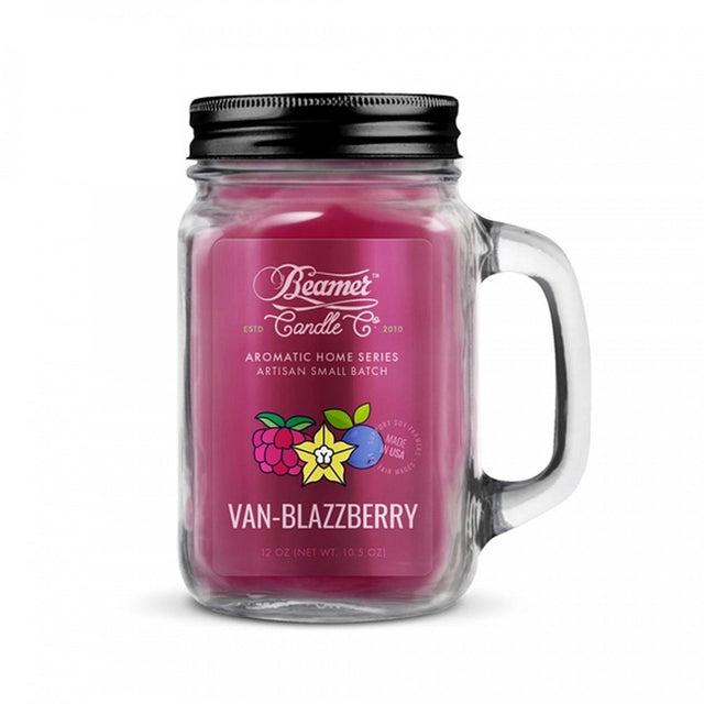 Scented Candle - Van Blazzberry in a glass mason jar, featuring a pink wax for 90-hour burn with odor-neutralizing enzymes.