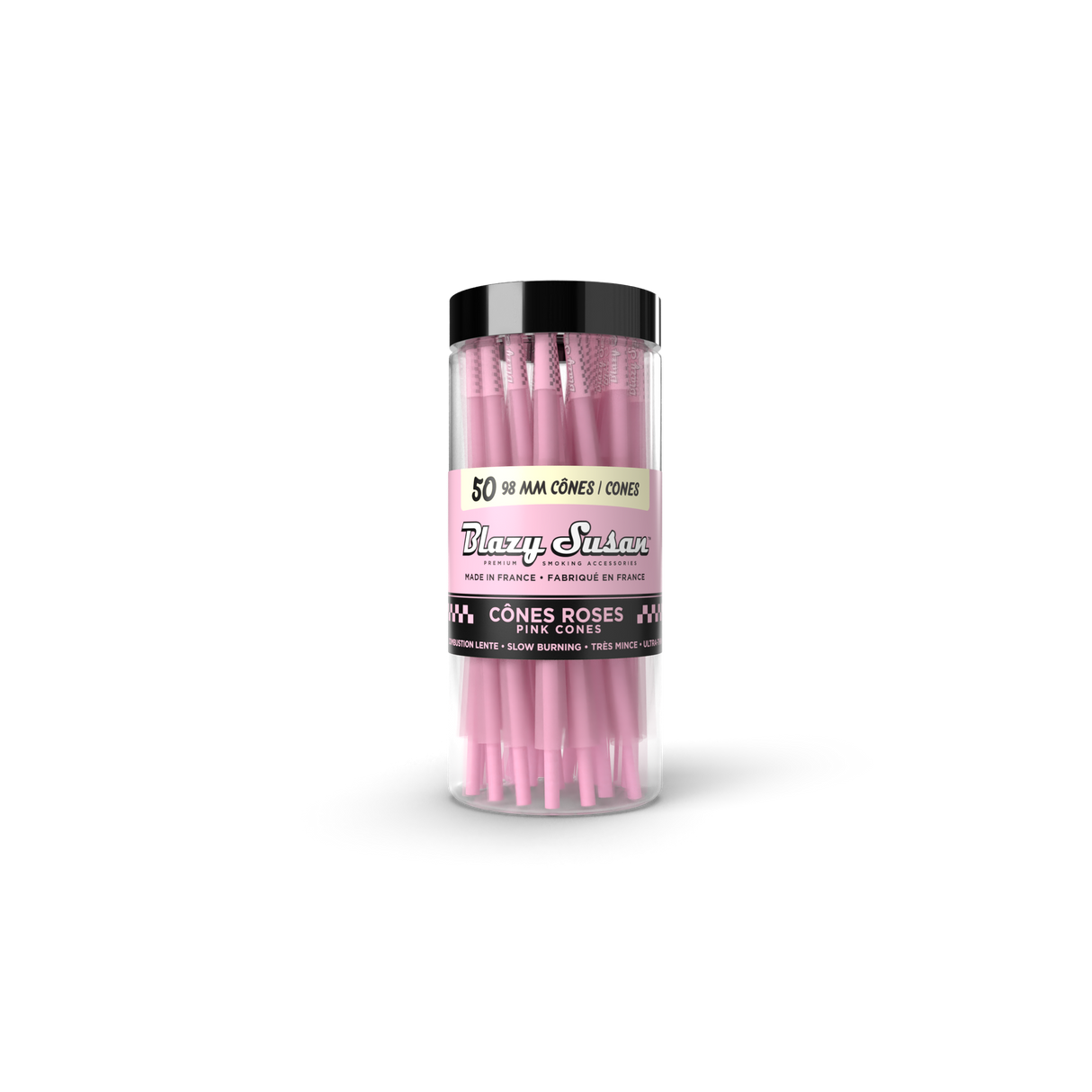Blazy Susan Pink 98mm Cones - 50 Count Jar, featuring pre-rolled pink cones in a clear jar; ultra-thin, slow-burning French paper with built-in filter tips.