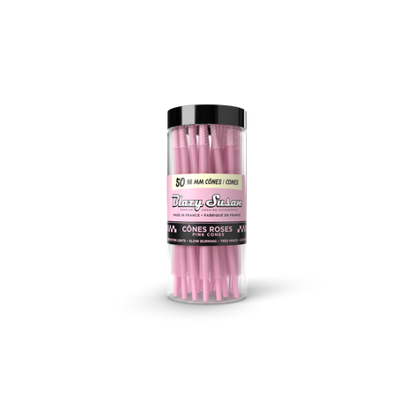 Blazy Susan Pink 98mm Cones - 50 Count Jar, featuring pre-rolled pink cones in a clear jar; ultra-thin, slow-burning French paper with built-in filter tips.