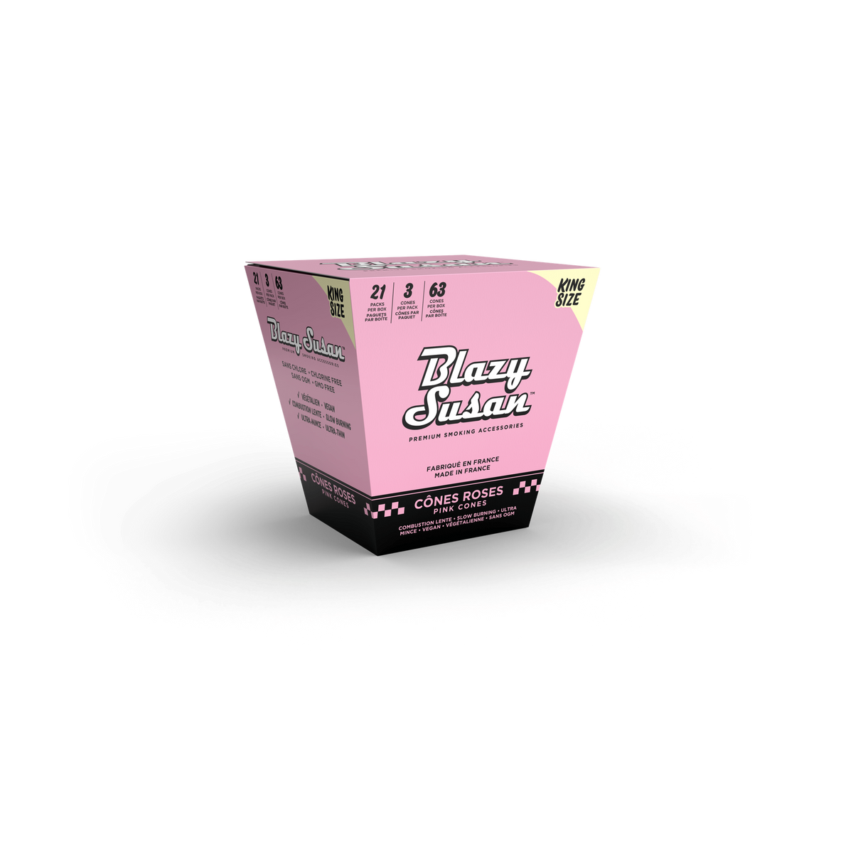 Blazy Susan Pink King Size Cones Full Box, featuring 63 vegan, ultra-thin, slow-burning pre-rolled cones, neatly packaged in a pink trapezoidal box.