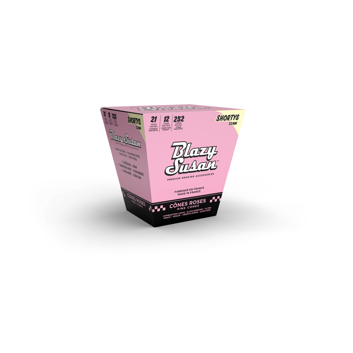 Pink Shorty Cones Full Box, featuring 252 ultra-thin, slow-burning, vegan pre-rolled cones. Compact 53mm size, perfect for solo or travel use.