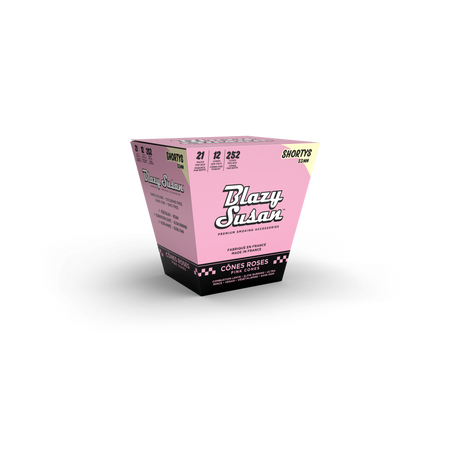 Pink Shorty Cones Full Box, featuring 252 ultra-thin, slow-burning, vegan pre-rolled cones. Compact 53mm size, perfect for solo or travel use.