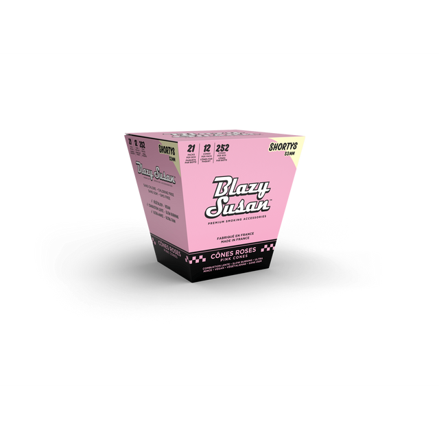 Pink Shorty Cones Full Box, featuring 252 ultra-thin, slow-burning, vegan pre-rolled cones. Compact 53mm size, perfect for solo or travel use.