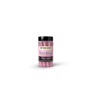 Pink Shorty Cones - 50 Count Jar featuring 50 compact 53mm pink pre-rolled cones in a clear jar with a black lid, ideal for quick sessions.