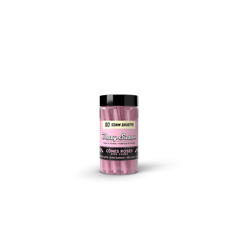Pink Shorty Cones - 50 Count Jar featuring 50 compact 53mm pink pre-rolled cones in a clear jar with a black lid, ideal for quick sessions.