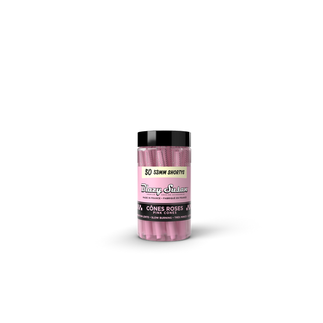 Pink Shorty Cones - 50 Count Jar featuring 50 compact 53mm pink pre-rolled cones in a clear jar with a black lid, ideal for quick sessions.