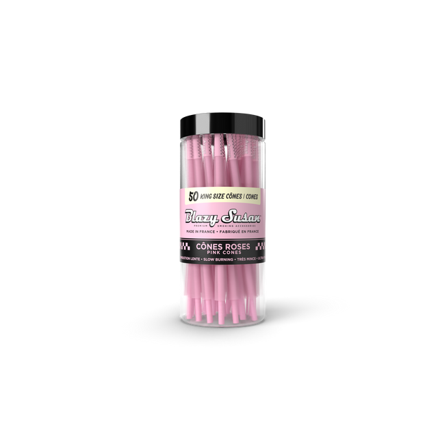 Pre-Rolled Pink King Size Cones - 50 Count Jar, showcasing 50 ultra-thin, slow-burning pink cones with built-in filter tips in a clear reusable jar.