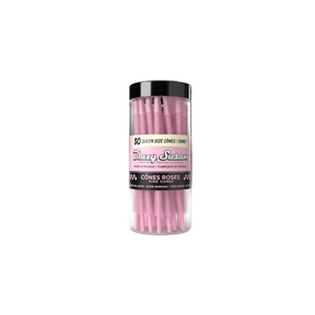 Clear plastic jar with black lid, filled with fifty Blazy Susan Pre-Rolled Pink Queen Size Cones, labeled 50 Queen Size Cones, made in France.