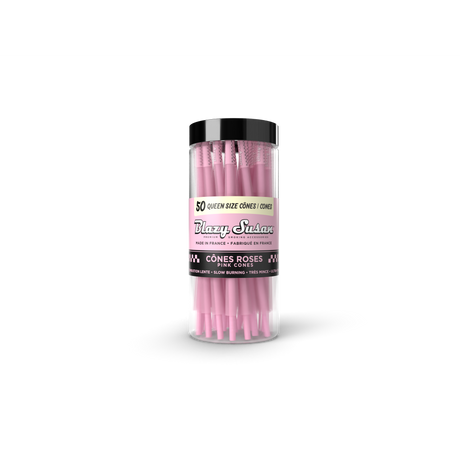 Clear plastic jar with black lid, filled with fifty Blazy Susan Pre-Rolled Pink Queen Size Cones, labeled 50 Queen Size Cones, made in France.