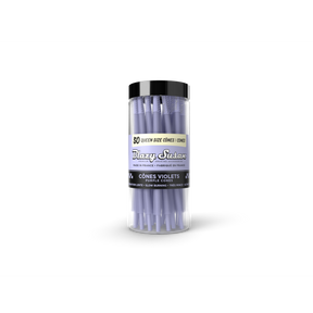 Pre-Rolled Purple Queen Size Cones - 25 Count Jar, featuring purple ultra-thin, slow-burning cones in a clear jar with a black lid.