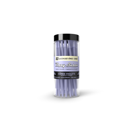 Pre-Rolled Purple Queen Size Cones - 25 Count Jar, featuring purple ultra-thin, slow-burning cones in a clear jar with a black lid.
