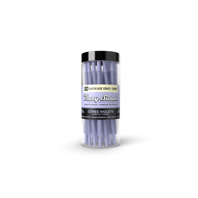 Pre-Rolled Purple Queen Size Cones - 25 Count Jar, featuring purple ultra-thin, slow-burning cones in a clear jar with a black lid.