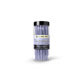 Blazy Susan Purple 1 1/4 Cones - 50 Count Jar, featuring pre-rolled cones in a clear plastic canister, ideal for a stylish smoking experience.