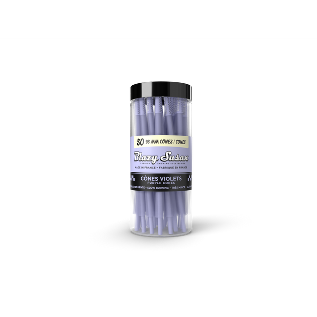 Purple 98mm Cones - 50 Count Jar featuring clear plastic tube of Blazy Susan's ultra-thin, slow-burning pre-rolled purple cones with built-in filter tips.