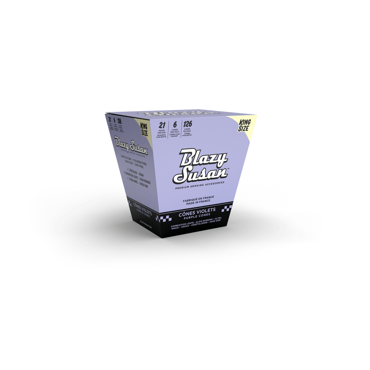Blazy Susan Purple King Size Cones Full Box, featuring 63 vegan, ultra-thin, slow-burning pre-rolled cones with filters, highlighted on lavender trapezoidal packaging.