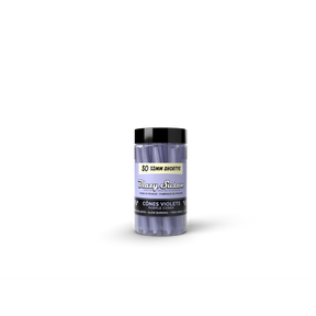 Purple Shorty Cones - 50 Count Jar: Clear jar with black lid, containing 50 ultra-thin, slow-burning purple pre-rolled cones, 53mm in length, made in France.