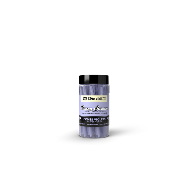 Purple Shorty Cones - 50 Count Jar: Clear jar with black lid, containing 50 ultra-thin, slow-burning purple pre-rolled cones, 53mm in length, made in France.