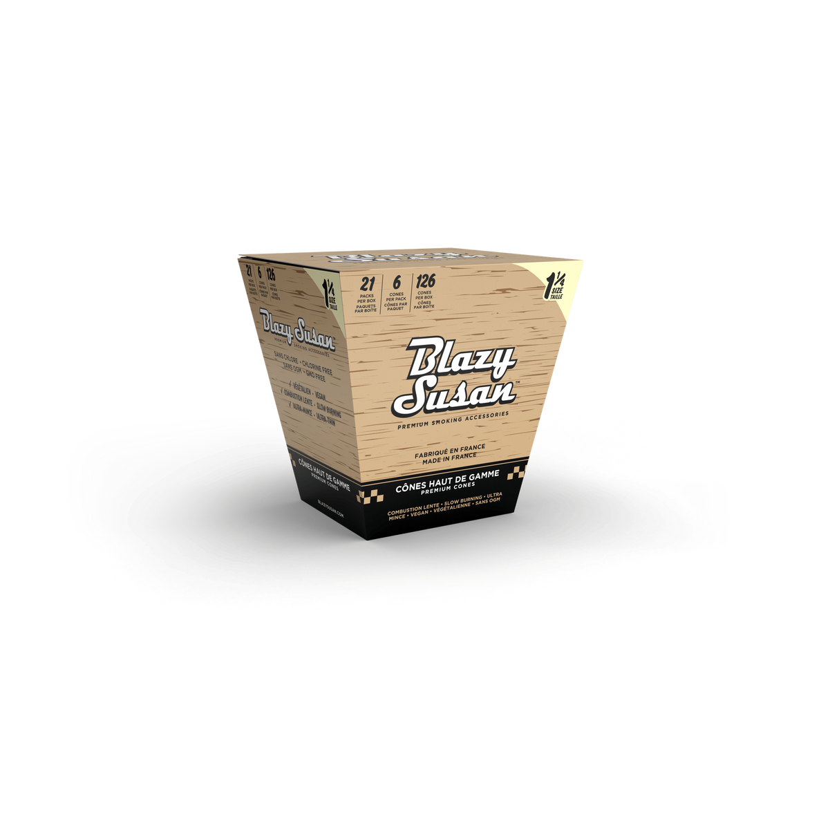 Unbleached 1 1/4 Cones Full Box - 6 Cones x 21 Packs showcased in wood-patterned packaging, highlighting slow-burning, vegan, ultra-thin, chlorine-free, GMO-free features.