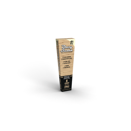 Unbleached 1 1/4 Cones Full Box - 6 Cones x 21 Packs, featuring eco-friendly packing straws and takeout-style packaging for easy access and convenience.