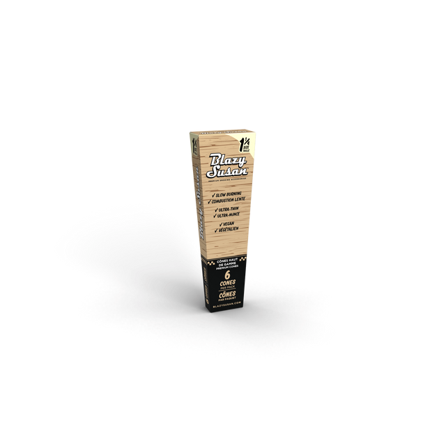 Unbleached 1 1/4 Cones Full Box - 6 Cones x 21 Packs, featuring eco-friendly packing straws and takeout-style packaging for easy access and convenience.