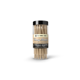 Unbleached 1 1/4 Cones - 50 Count Jar: Clear cylinder with black lid, containing 50 ultra-thin, slow-burning pre-rolled cones made from premium French paper.