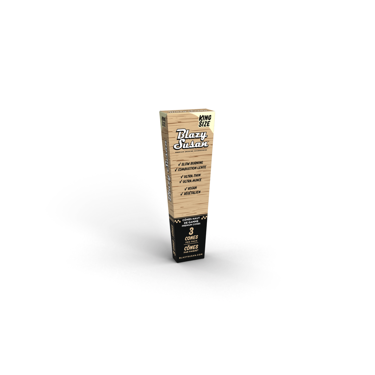 Unbleached King Size Cones Full Box - 3 Cones x 21 Packs; wood-grain package with black accents, featuring slow-burning, ultra-thin, vegan cones.