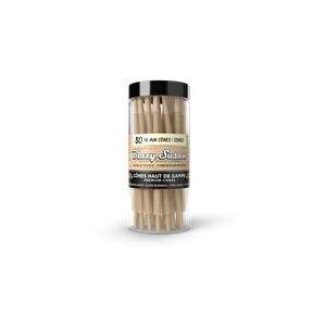 Blazy Susan Unbleached Pre-Rolled 98mm Cones in a clear tube with black lid, featuring 50 ultra-thin, slow-burning cones with built-in tips.