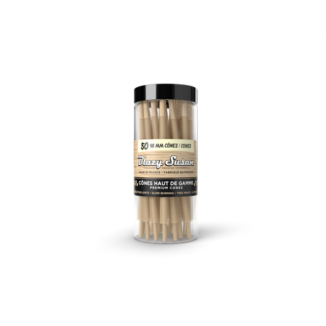Blazy Susan Unbleached Pre-Rolled 98mm Cones in a clear tube with black lid, featuring 50 ultra-thin, slow-burning cones with built-in tips.