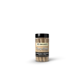 Unbleached Shorty Cones - 50 Count Jar, featuring clear plastic packaging with label details, showcasing pre-rolled, ultra-thin, slow-burning French paper cones for smoking.