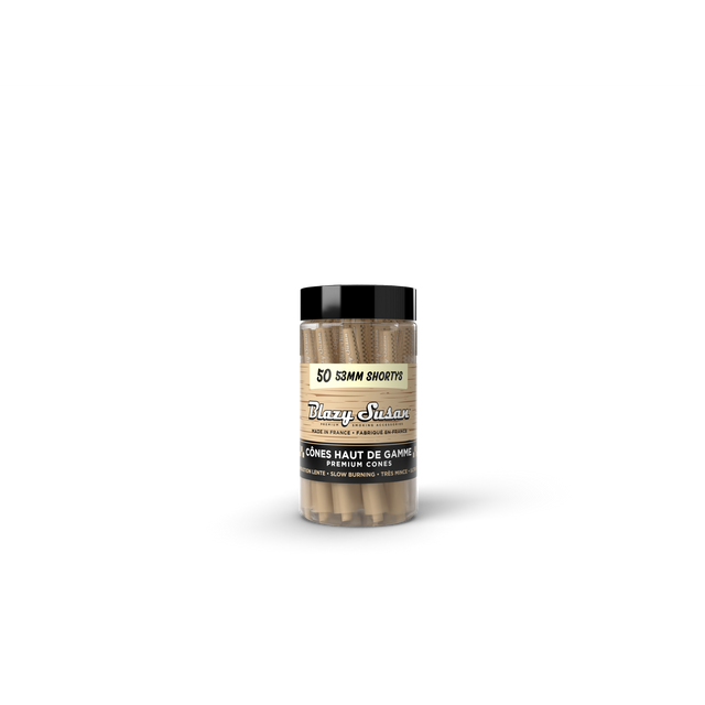 Unbleached Shorty Cones - 50 Count Jar, featuring clear plastic packaging with label details, showcasing pre-rolled, ultra-thin, slow-burning French paper cones for smoking.