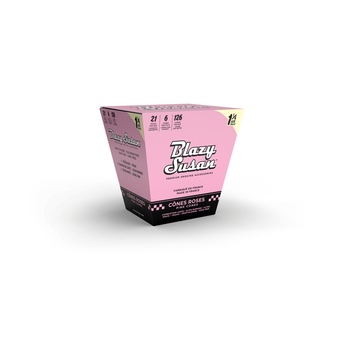 Blazy Susan Pink 1 1/4 Cones Full Box features 21 packs of 6 pre-rolled, vegan, slow-burning cones in a pink trapezoidal display box.
