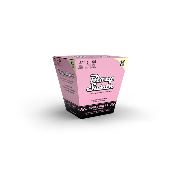 Blazy Susan Pink 1 1/4 Cones Full Box features 21 packs of 6 pre-rolled, vegan, slow-burning cones in a pink trapezoidal display box.