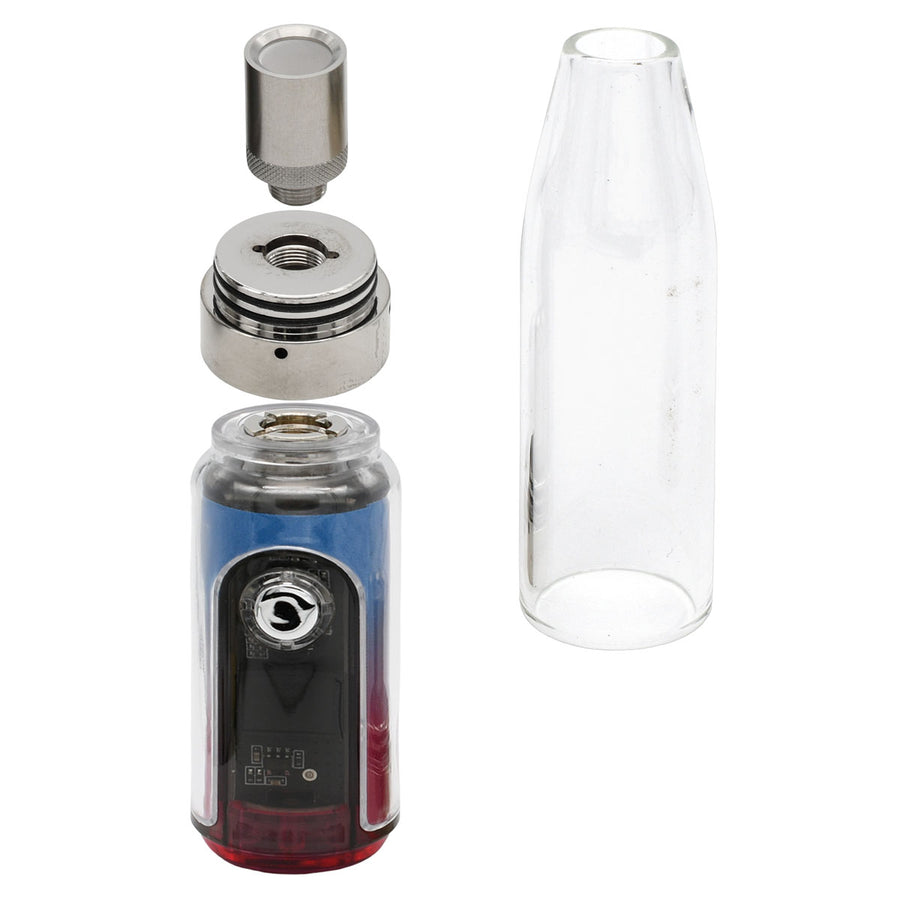 Gnome Dome Mini Vape Rig, a compact silver cylinder with a smart 510-thread battery, designed for wax concentrates and 510 cartridges, featuring a digital display.