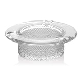 Twenties Collection Ashtray: Clear cut-glass ashtray with diamond-cut pattern, round shape, and rim notches, crafted from durable borosilicate glass for stylish, functional use.